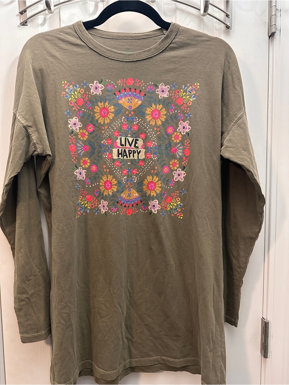 NATURAL LIFE Olive Long Sleeve Tee with Colorful Floral Medallion